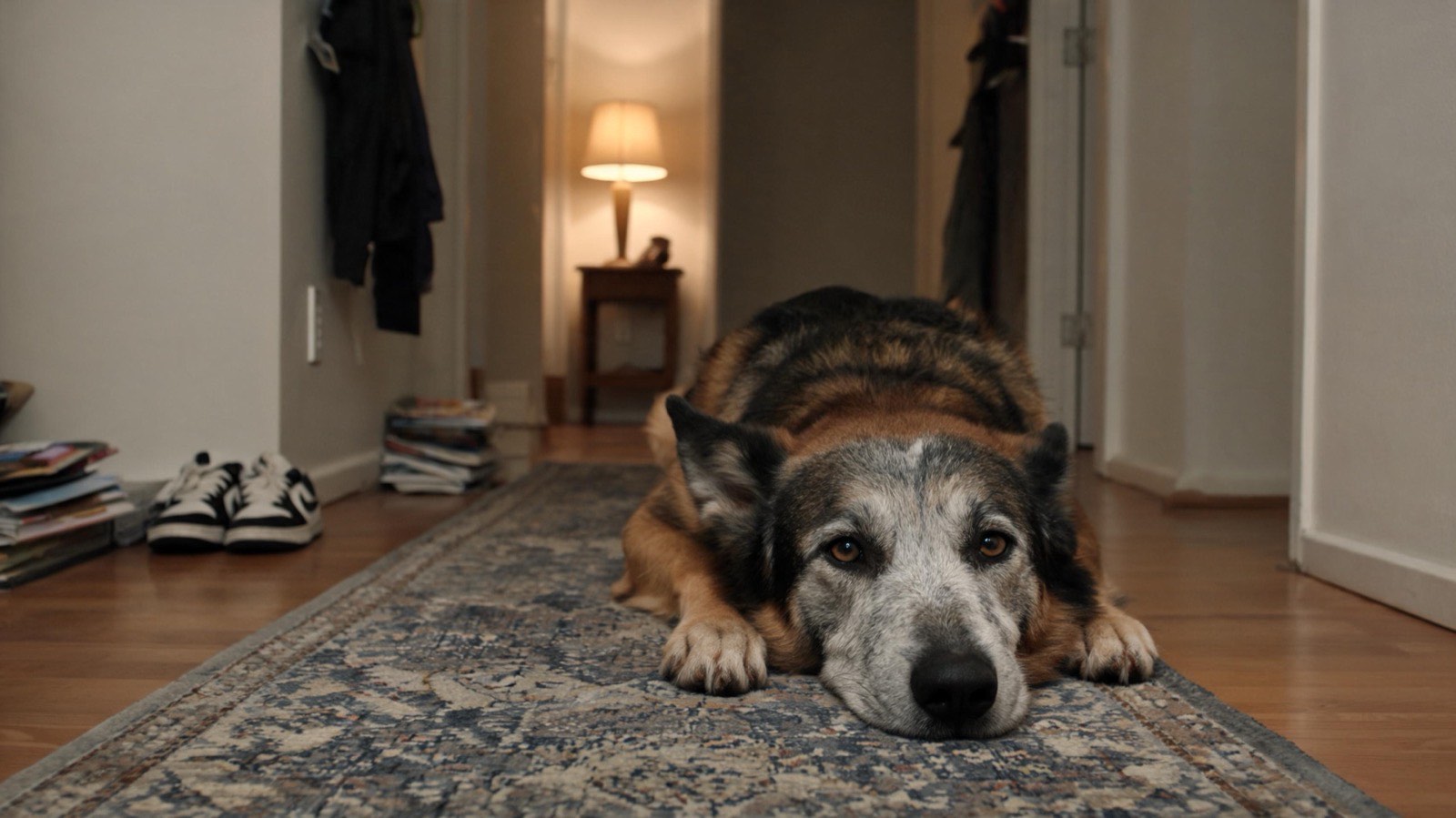 A grey-muzzled shepherd mix lying on a hallway runner with his chin flat on the floor.