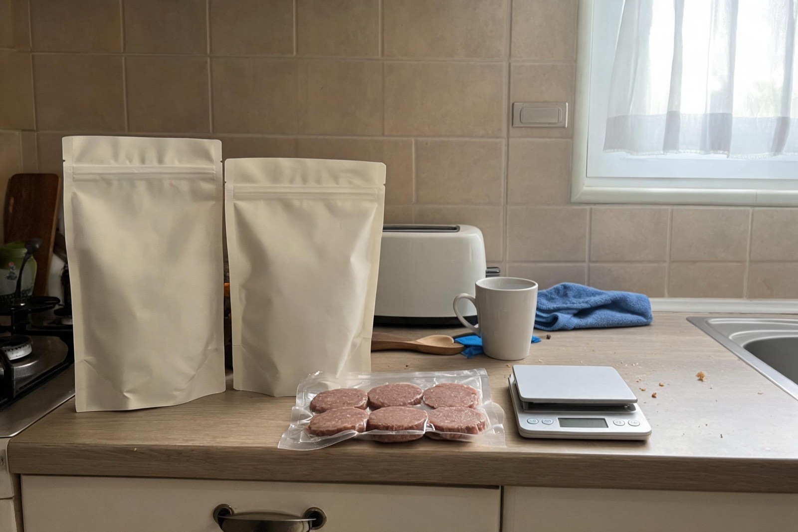Two kibble bags and a frozen raw patty package lined up on a kitchen counter next to a scale.