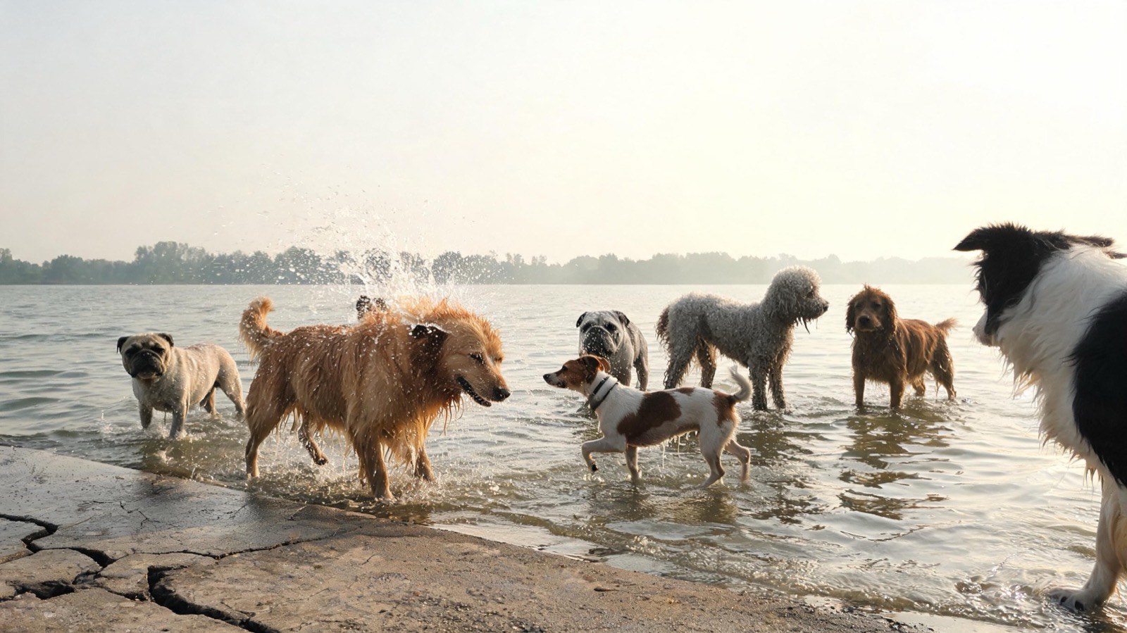 A group of wet dogs standing in shallow lake water near a concrete boat ramp.