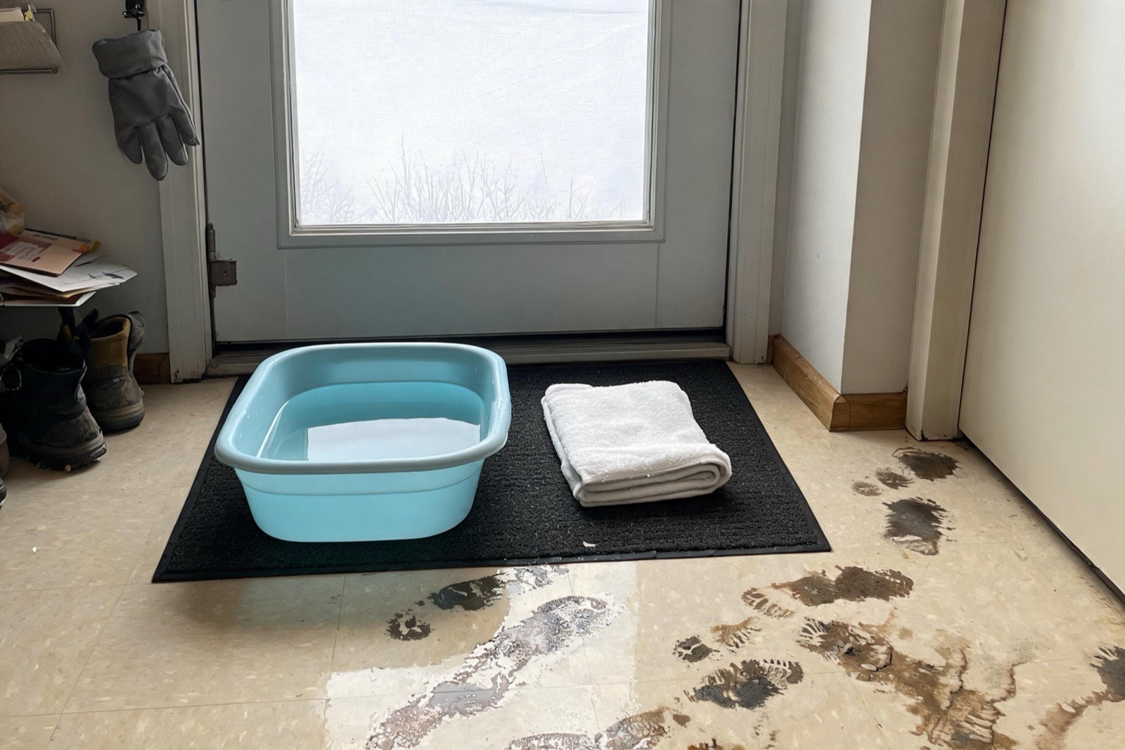 A plastic dish tub half full of water on a mat by a back door, with a folded towel beside it.